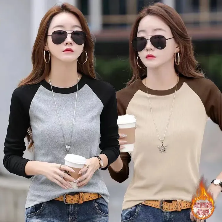 磨毛德绒圆领拼接长袖t恤女秋冬新款双面绒撞色修身打底保暖上衣