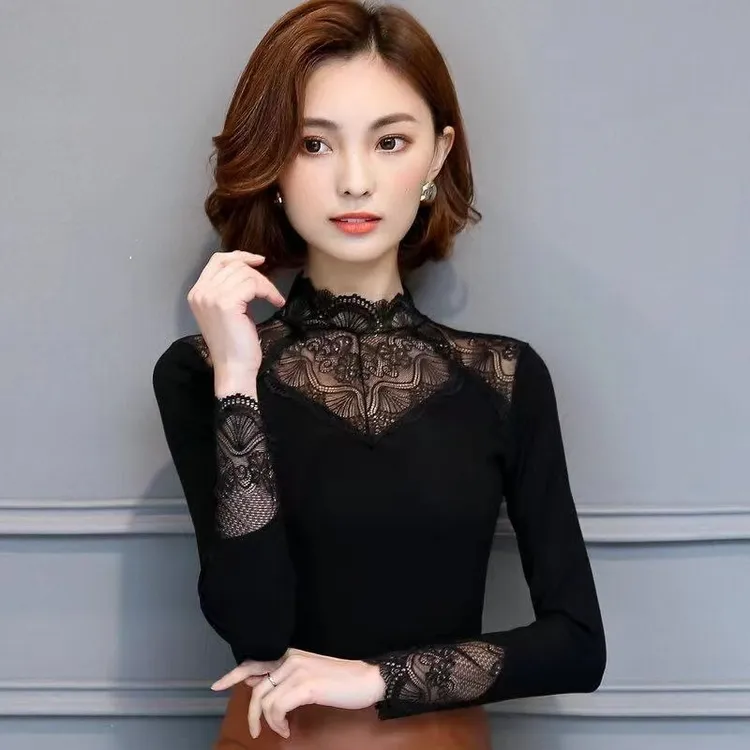 新款春秋款网纱镂空秋冬半高领洋气内穿加绒上衣长袖蕾丝打底衫