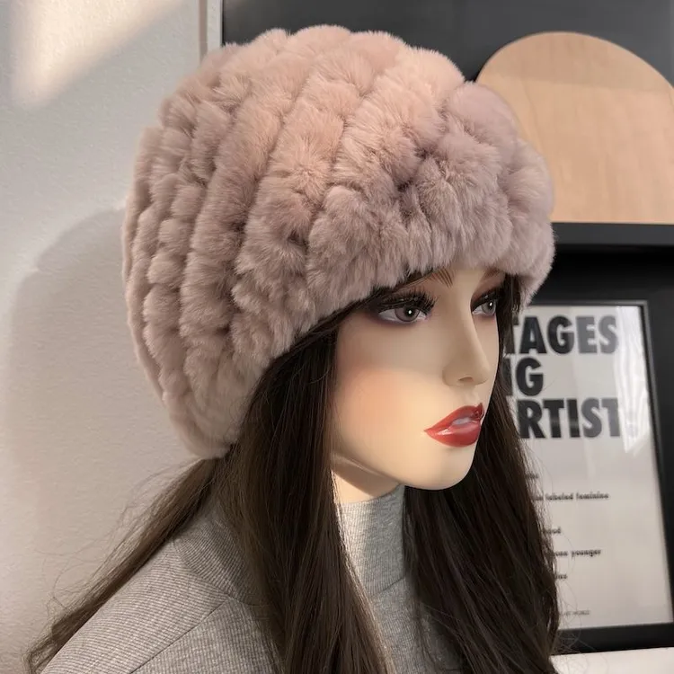 真獭兔毛帽子女加厚毛毛帽皮草防寒保暖护耳毛绒针织帽包头帽秋冬