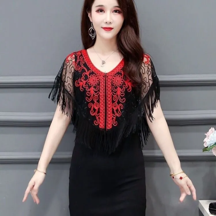 披肩外搭新款夏季女士网纱中长款外套洋气流苏披风斗篷坎肩妈妈装