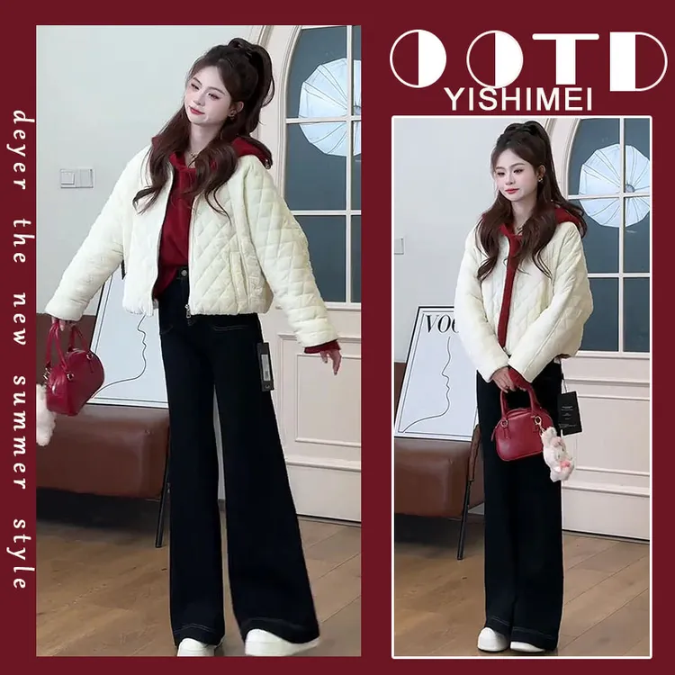 【现货】2025年秋冬新款时髦减龄菱形格棉衣棉服外套阔腿裤三件套