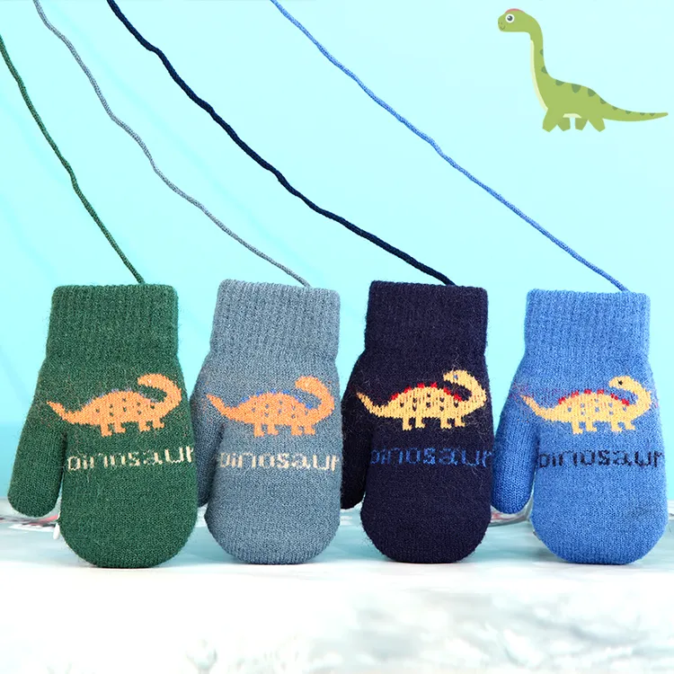 冬季儿童手套加绒加厚男宝宝卡通恐龙双层2-12岁学生挂绳挂脖手套