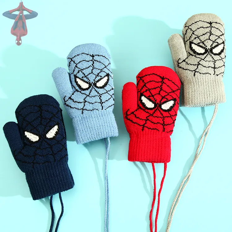 蜘蛛侠冬季儿童手套加绒加厚男宝宝双层2-12岁学生挂绳挂脖手套
