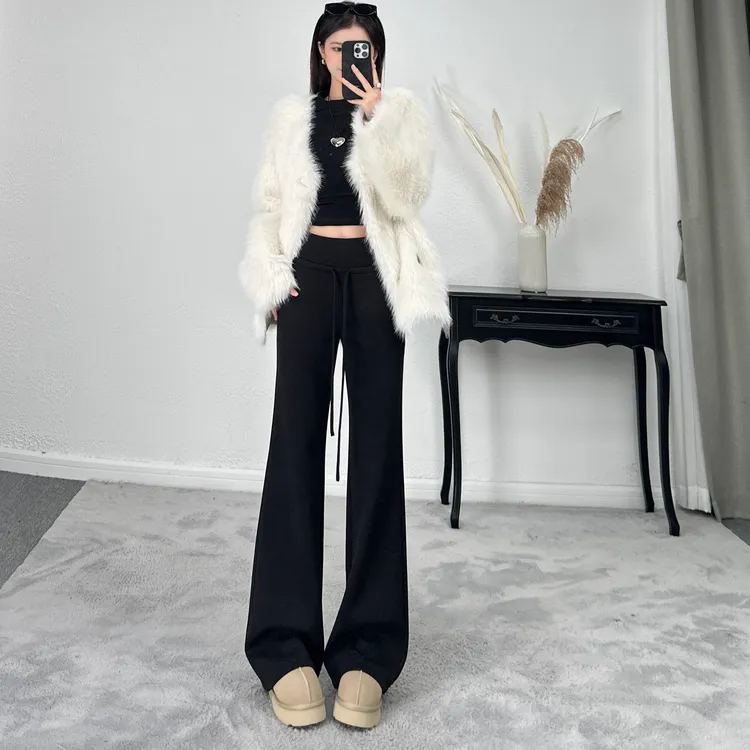 冬季新款加绒宽腰抽绳休闲裤女松紧高腰微喇阔腿裤垂感显瘦拖地裤