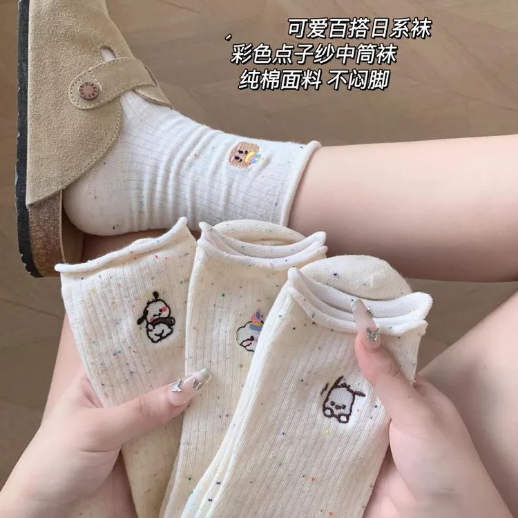 点子纱袜子女士卷边运动袜ins潮百搭中筒可爱少女袜卡通学生长袜