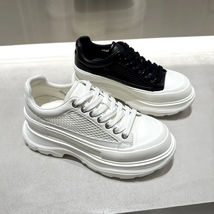 增高7cm 2024夏季新款厚底牛皮镂空透气网鞋女休闲鞋老爹鞋小白鞋