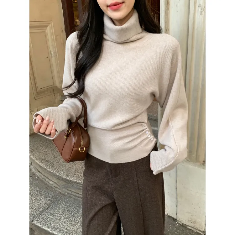 韩系高领针织衫女秋冬慵懒风收腰显瘦蝙蝠袖上衣