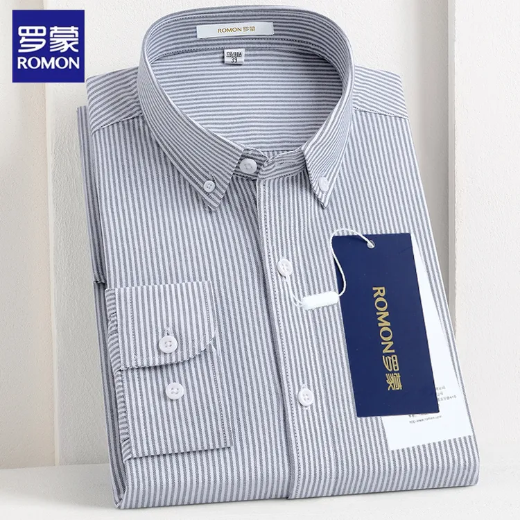 罗蒙高级感灰色条纹长袖百搭男款衬衣外套100%纯棉牛津纺休闲衬衫