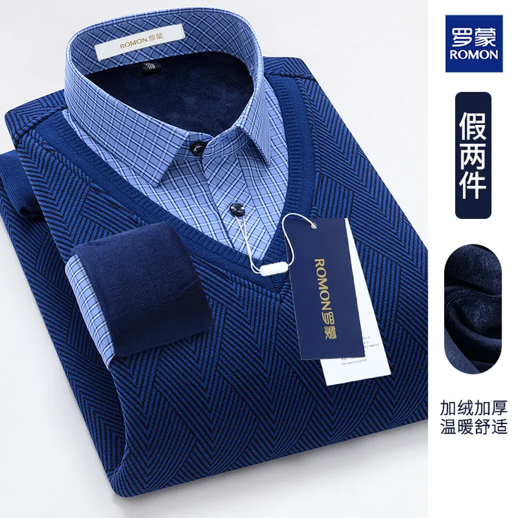 罗蒙爸爸装冬季针织衫高档加绒打底毛衣中老年男士加厚保暖假两件