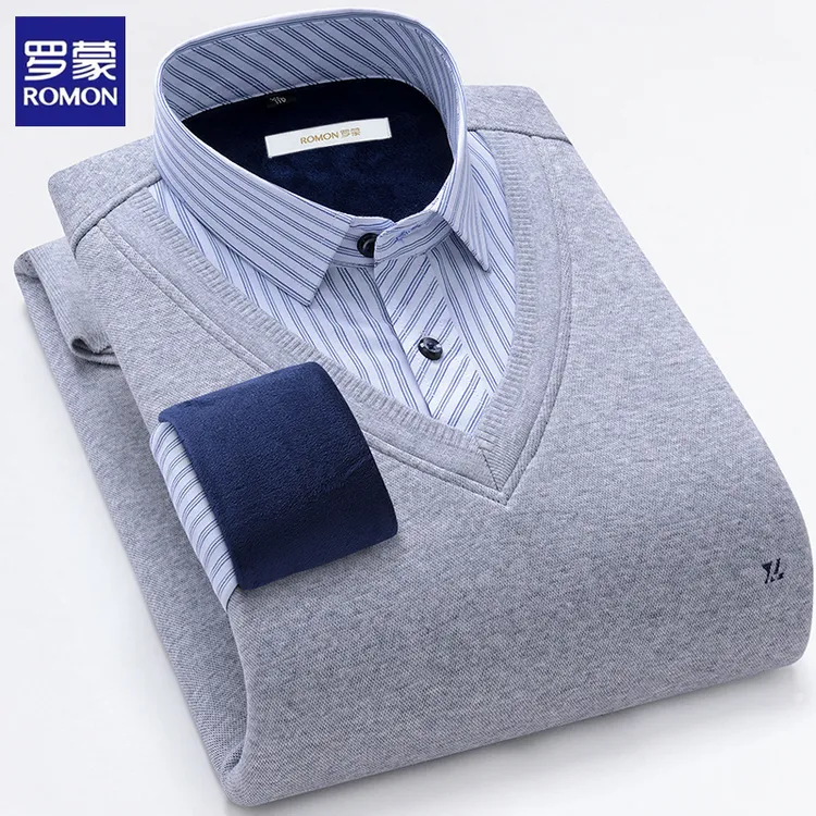 罗蒙秋冬男士高品质毛衣男款爆款2025新款加绒衬衫领假两件针织衫