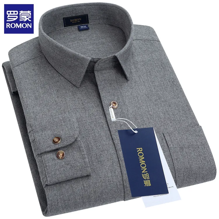 Romon/罗蒙保暖衬衫休闲纯棉长袖衬衣爸爸男装高端新款灰色男衬衣