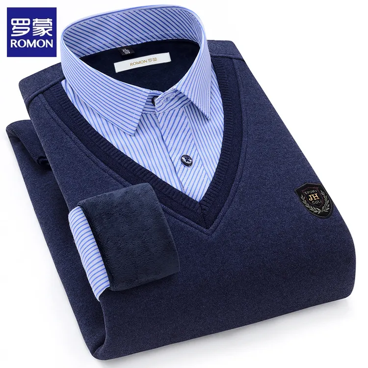 罗蒙高档条纹衬衫领毛衣男假两件针织衫秋冬季保暖加绒加厚打底衫