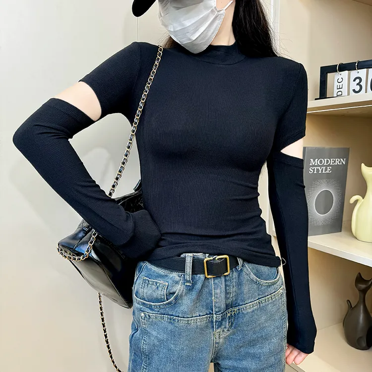 2025秋冬新款半高领女装黑色螺纹长袖洋气紧身打底衫百搭显瘦上衣