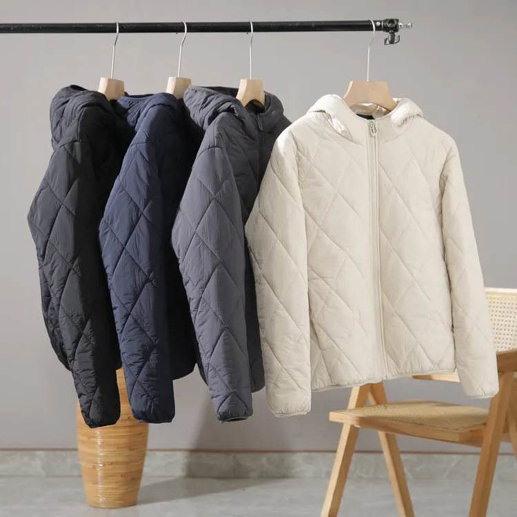 简约休闲连帽菱形格环缝工艺轻薄棉服秋冬季修身棉衣 Y4D0809