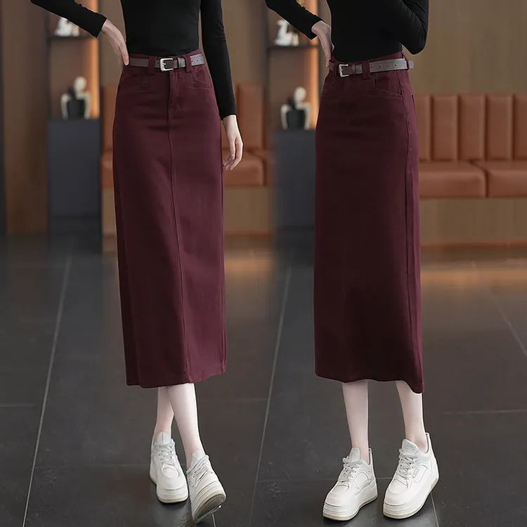 安可拉红牛仔半身裙女2024年春秋季新款高腰中长a字开叉一步裙子