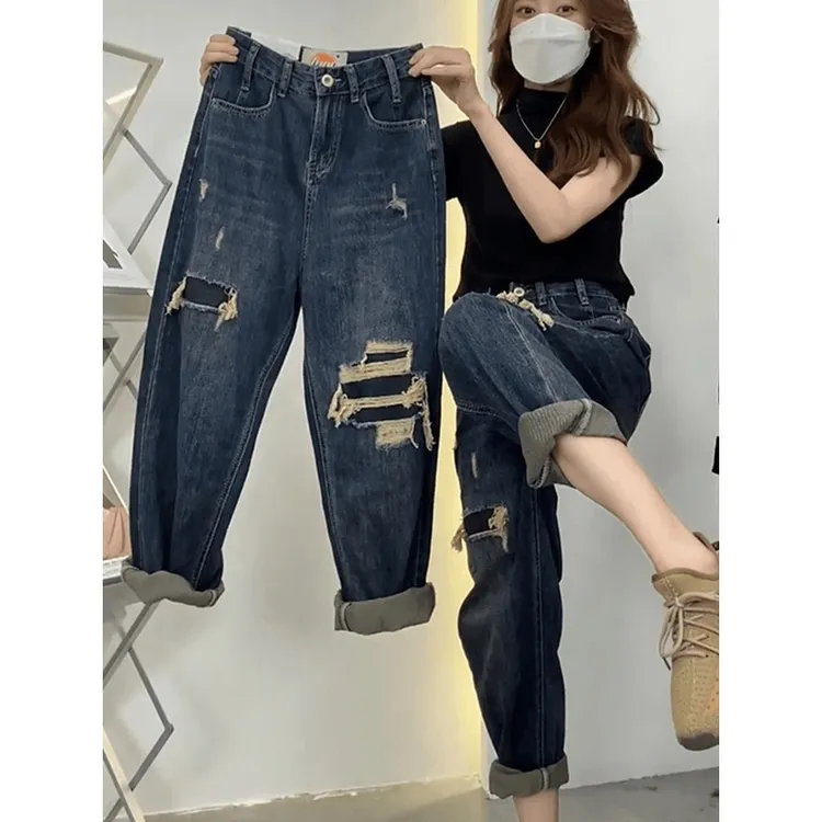 大码胖mm复古假破洞直筒牛仔裤女春秋宽松显瘦高腰哈伦老爹阔腿裤