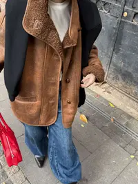 时髦街头复古仿羊羔毛皮毛一体加厚机车美拉德软皮外套