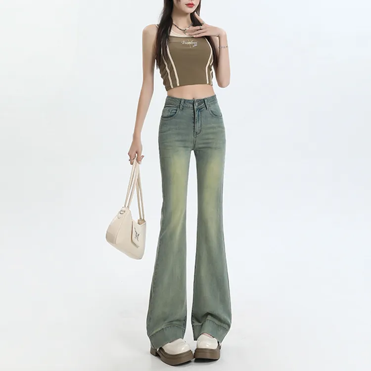 复古绿微喇牛仔裤女2025新款高腰弹力修身显瘦百搭拖地喇叭马蹄裤