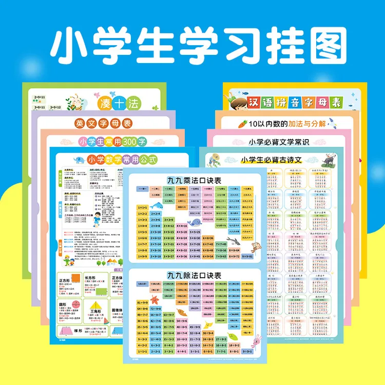 【福利全套9张】高清儿童学习挂图全套拼音字母乘除加减口诀表古诗