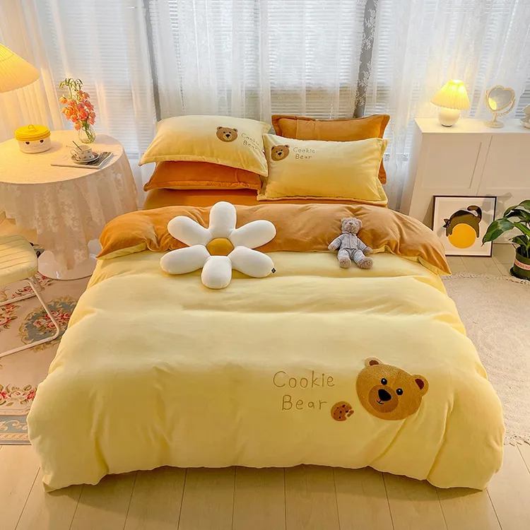简约纯色牛奶绒四件套双面绒加绒加厚
