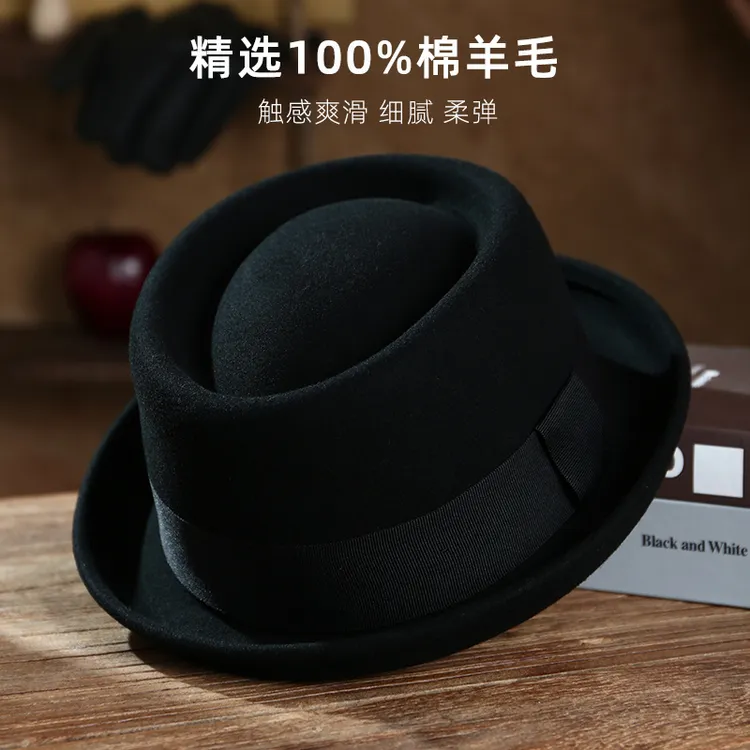 时尚潮流窄檐卷边平顶帽男士猪肉派礼帽女秋冬羊毛复古绅士帽黑色