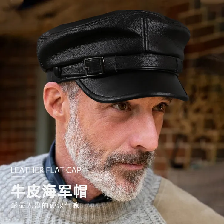 复古真皮海军帽男英伦牛皮平顶海员帽休闲时尚日系水手帽中山帽