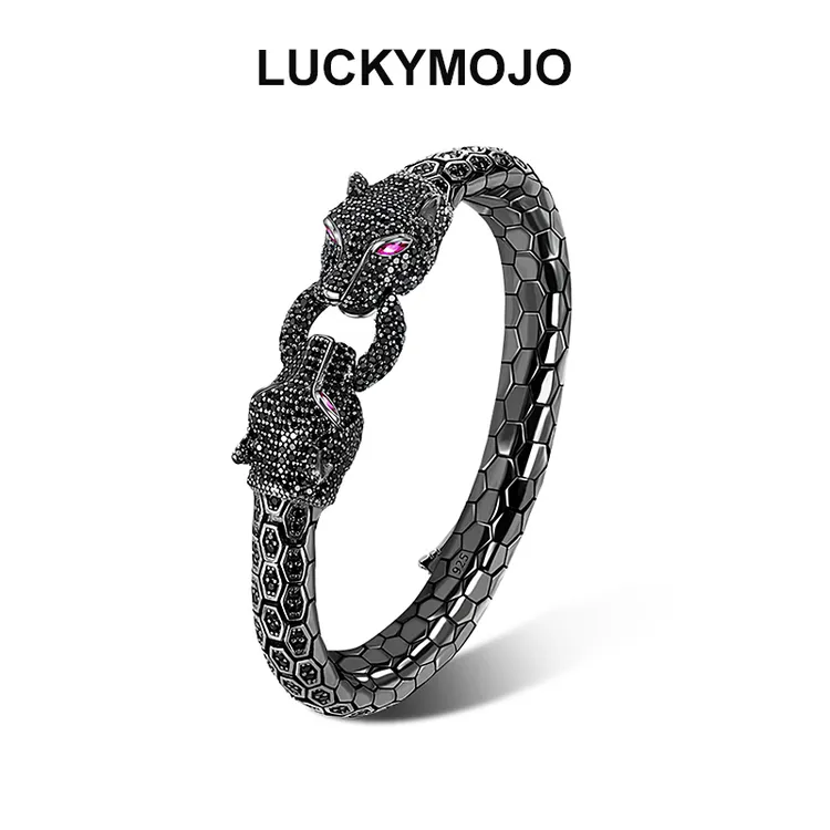 LUCKYMOJO 925银手链 个性黑豹手链男女小众霸气银手镯男生礼物
