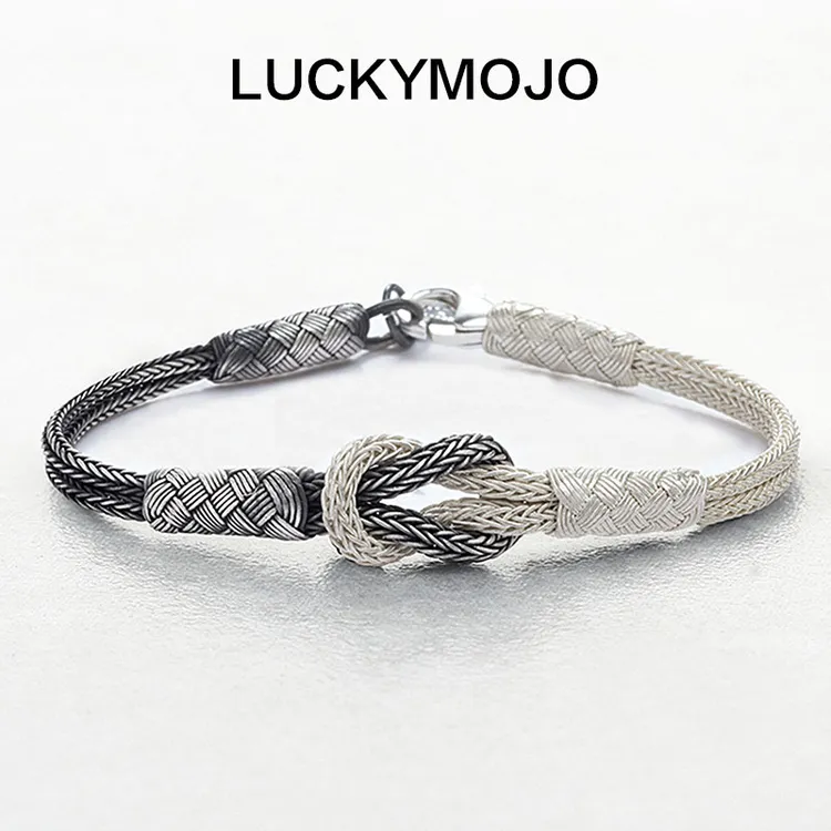 LUCKYMOJO 足银手链 青丝白发99纯银手工编织小众银手绳情侣潮酷