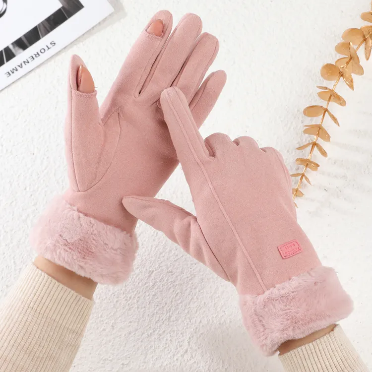 冬天手套女士露二指加绒加厚保暖翻指触屏漏手指打字防寒骑车手套