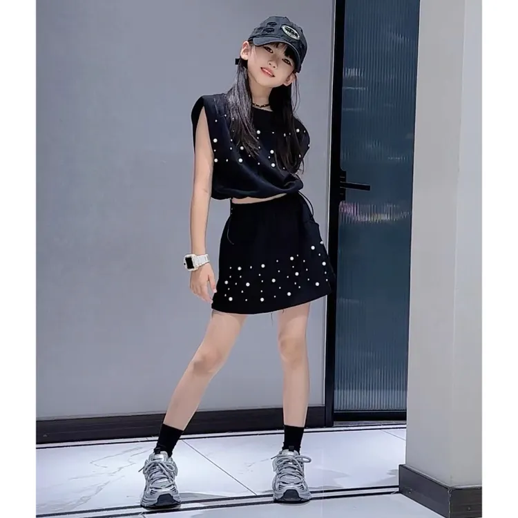 女童重工珍珠套夏季时尚休闲夏季气质潮洋气设计师洋气个性两件套