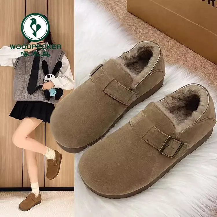 啄木鸟厚底全包勃肯鞋女冬加绒豆豆鞋2025新一脚蹬毛毛鞋博肯棉鞋