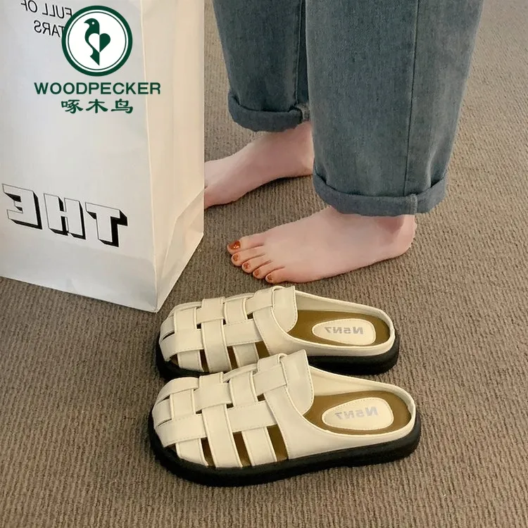啄木鸟夏季软底外穿厚底百搭时尚编织包头拖鞋女镂空一脚蹬凉拖鞋