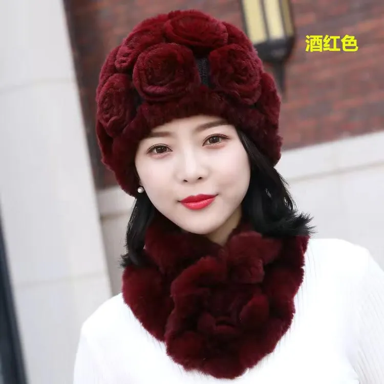 兔毛帽子大花帽妈妈老年人帽子皮草帽冬季中老年加厚秋冬护耳帽
