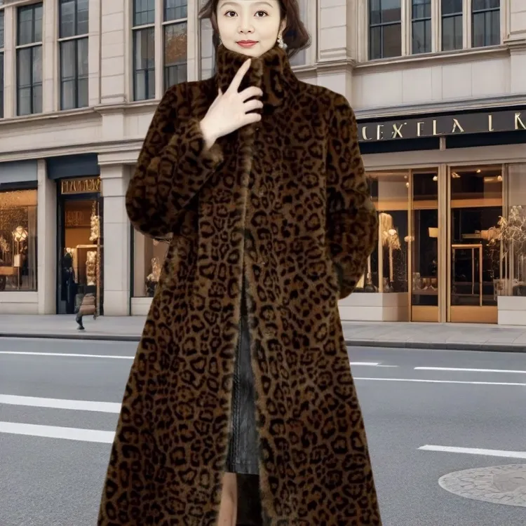 【奎谨优选】轻奢长款豹纹中老年女装立领高端加绒加厚秋冬外套百搭