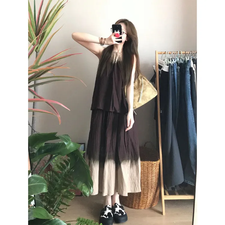 【山脉套装】高级感杏棕渐变背心半身裙夏季流行穿搭风格两件套装