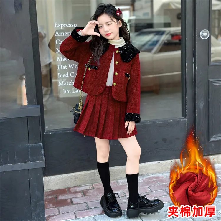 女童秋冬款小香风加厚套装2025新款中大童拜年红色外套新年百褶裙