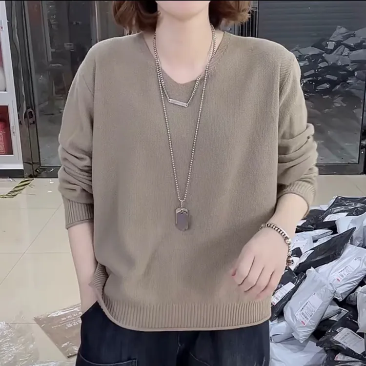 【春秋款】大码韩版遮肚子显瘦短款针织上衣女宽松V领长袖套头毛衣