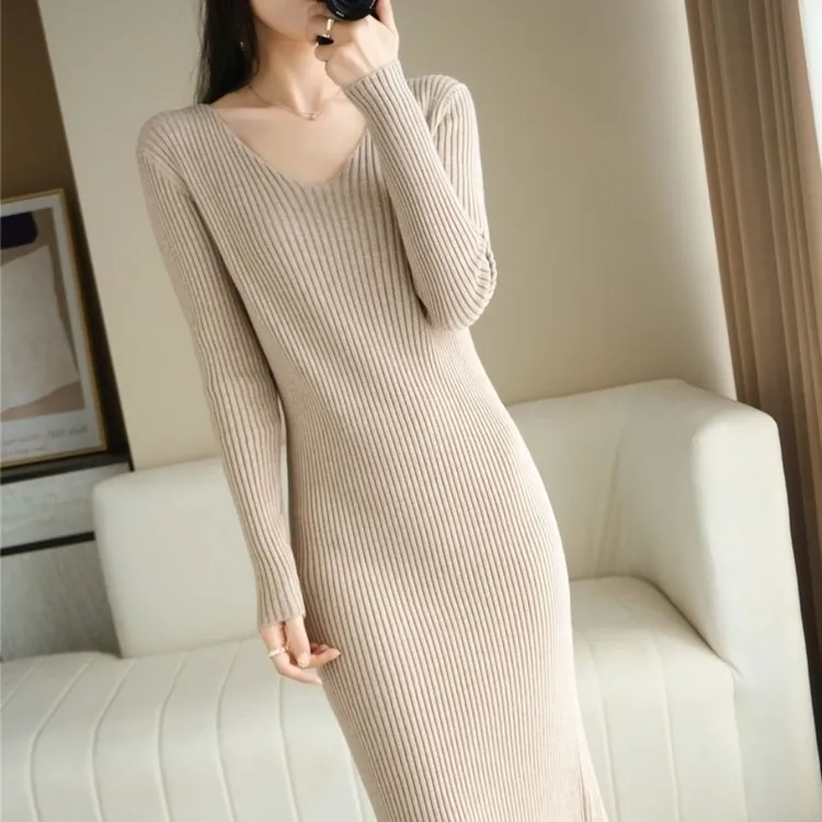 【视频同款内搭】中长款毛衣女秋冬季针织连衣裙配大衣加厚打底裙