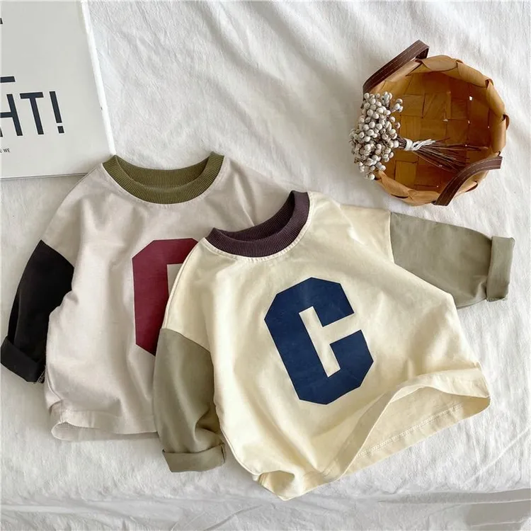 儿童纯棉春秋长袖T恤韩版新款小童拼色上衣男女宝宝洋气打底衫潮