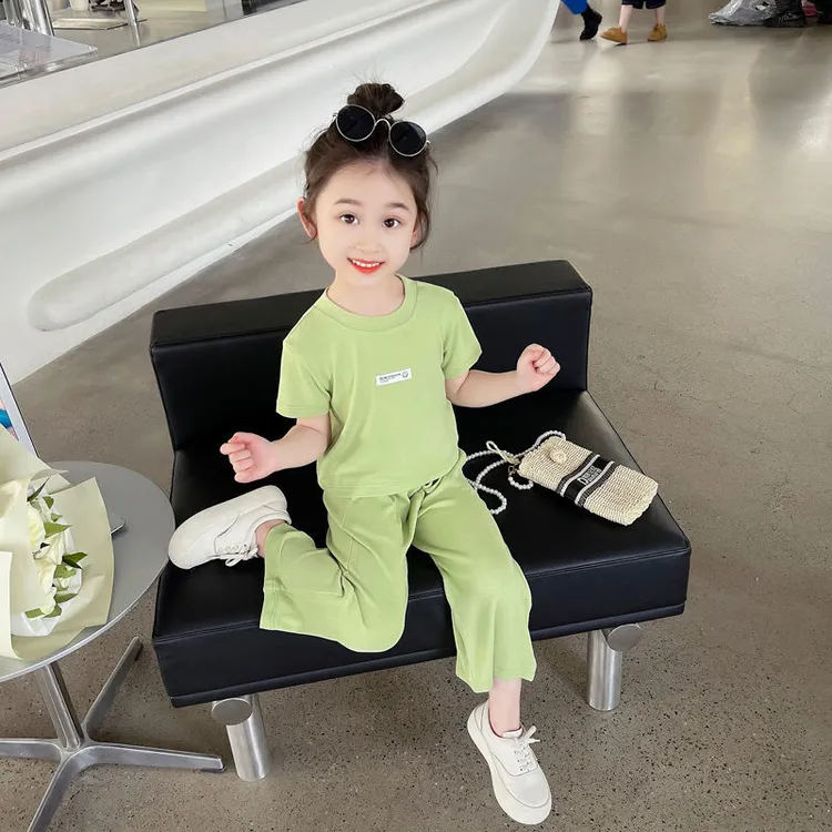 女小童阔腿裤套装夏装女童短袖两件套时髦儿童洋气简约潮童