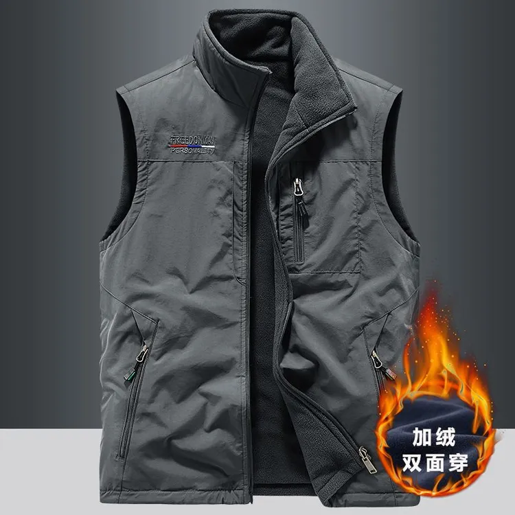 秋冬双面穿马甲男士户外运动抓绒背心摇粒绒坎肩加绒加厚马夹外套