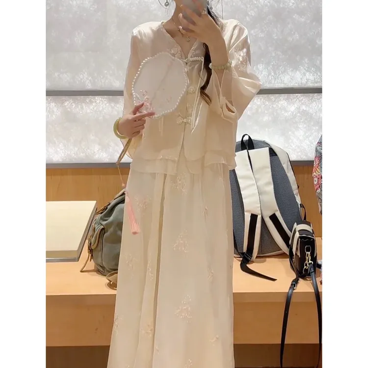 【三件套】薄款琉璃纱新中式刺绣提花上衣+半身裙+内搭吊带套装3