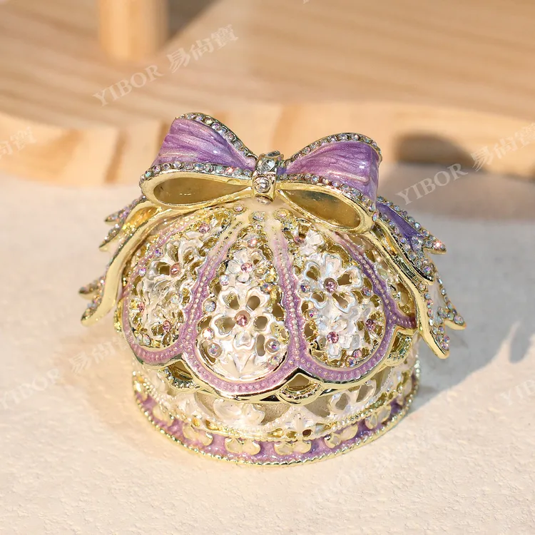 易尚宝七宝烧珐琅彩手工制作中古镂空蝴蝶结皇冠首饰盒精致摆件