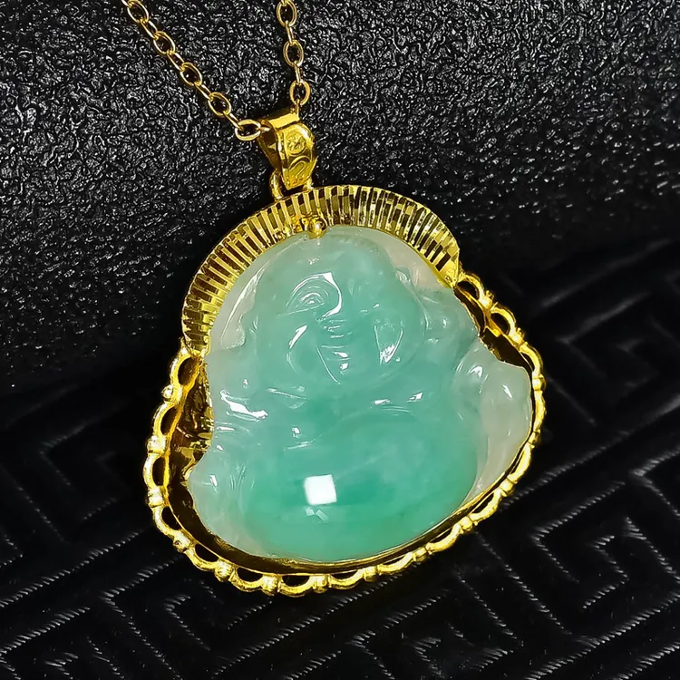 黄金翡翠弥勒佛吊坠999足金镶嵌佛公挂件飘花挂坠阳绿送礼物女款