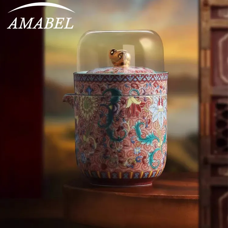 五言六器 中式新款花开盛世旅行茶具套装手工陶瓷便携珐琅彩茶具