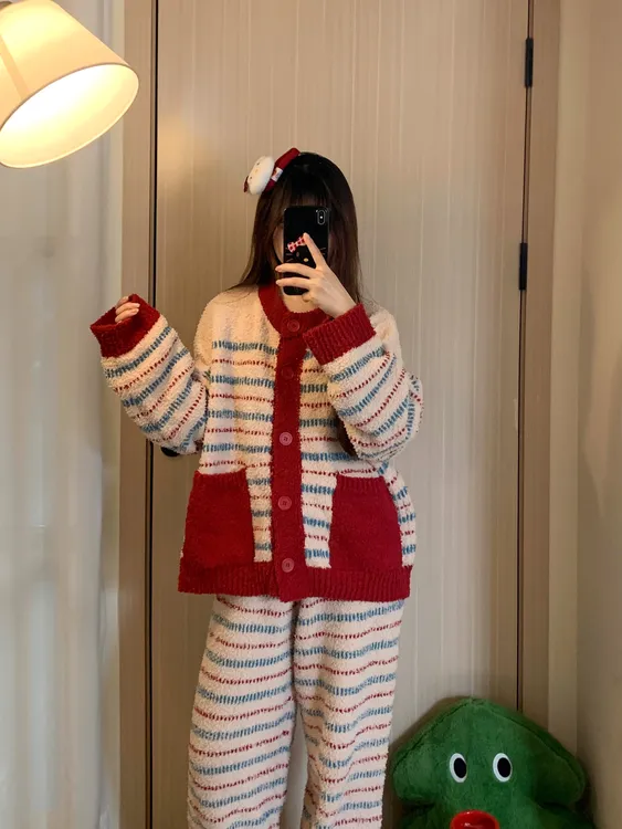 韩版复古条纹半边绒大码睡衣女冬季2024加绒加厚本命年家居服套装