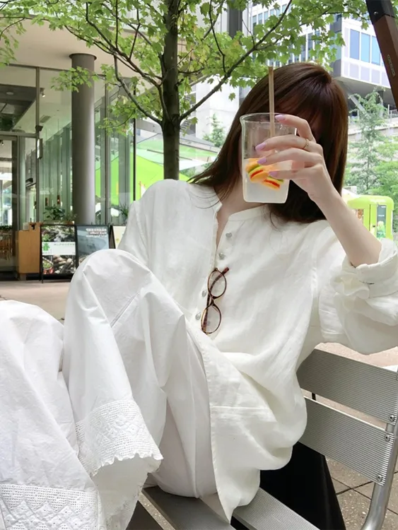韩版高级感宽松纯棉长袖睡衣女白色气质开衫长裤家居套装可外穿