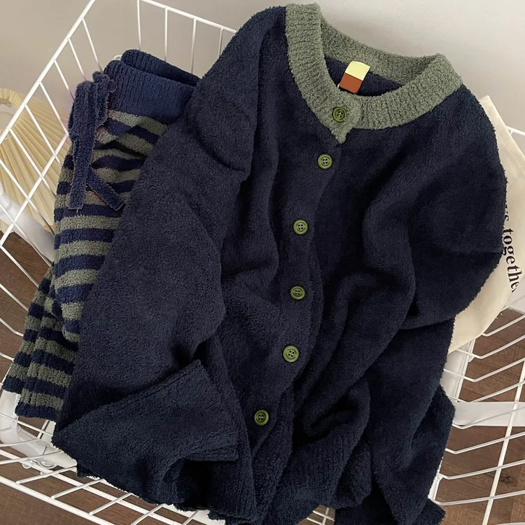 秋冬季加厚纯色简约针织半边绒睡衣女2024新款条纹长裤家居服套装