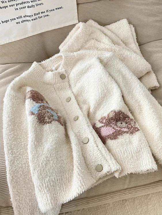 少女卡通小熊针织半边绒开衫睡衣女秋冬季新款加厚保暖家居服套装