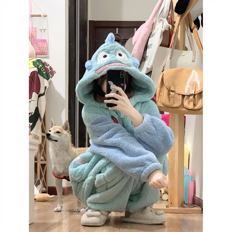 冬季学生小丑鱼新款卡通加厚长袖毛绒家居服玉桂狗加绒连帽睡保暖